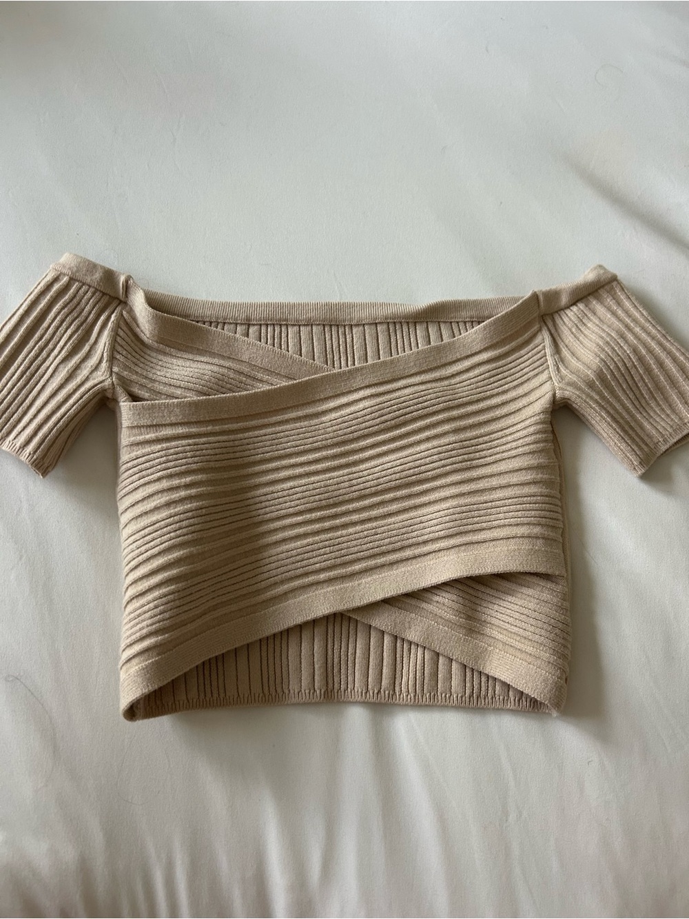 aerie Beige Ribbed Off-Shoulder Cross-Front Sweater